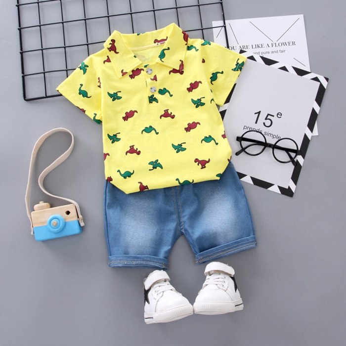 Summer Toddler Kids Baby Boy Short Sleeve Dinosaur Pattern Shirt Tops Denim Pants Set