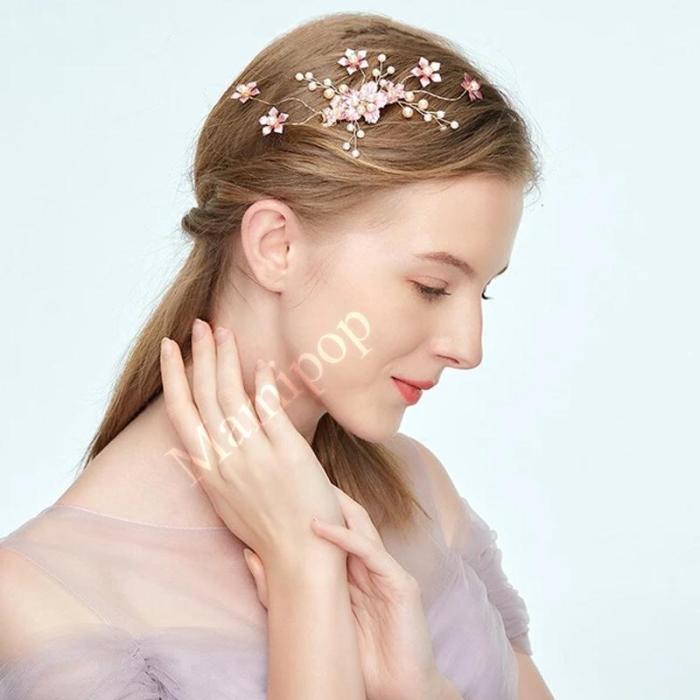 Pink Flower Pearl  Gold Sparkling Hair Comb  Jewelry