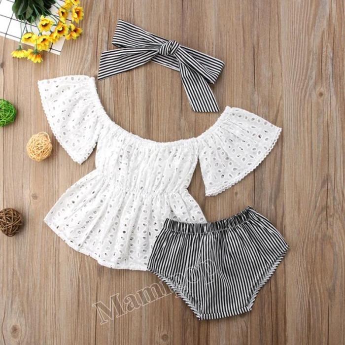 Baby Girl Lace Off Shoulder Top Stripe Shorts Outfits Clothes