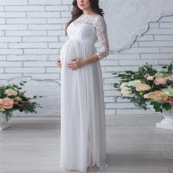 Maternity Round Neck Lace Stitching Nine-Point Sleeve Dress