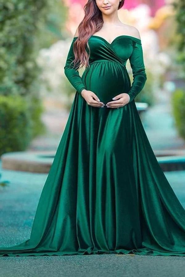 Maternity Elegant Solid Color Collar Long Sleeve Dress