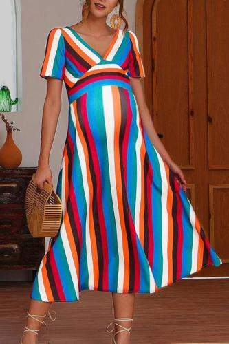 Maternity V-Collar Color Striped Zipper Dress