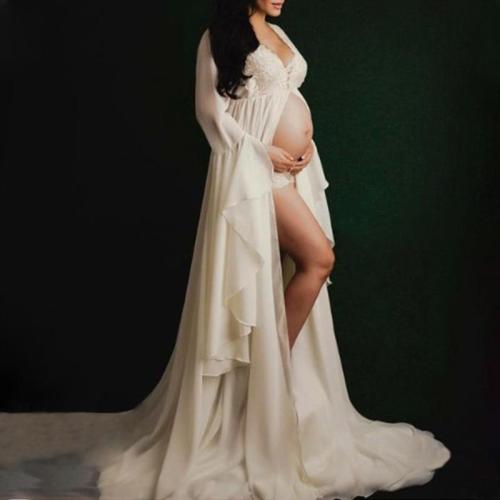 Maternity Sexy Deep V Lace Panel Irregular Ruffle Dress