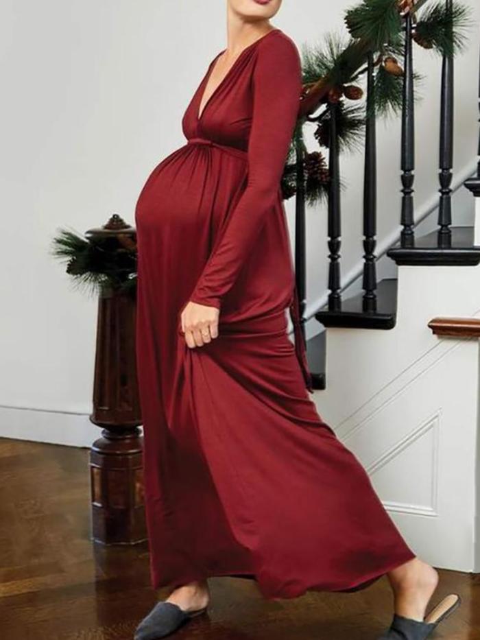 Maternity Sexy Solid Color Deep V High Waist Long Dress