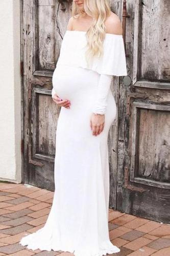 Maternity Word Collar Long Sleeve Solid Color Dress