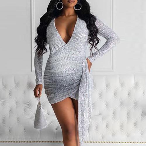 Maternity Elegant Deep V-Neck Long Sleeve Dress