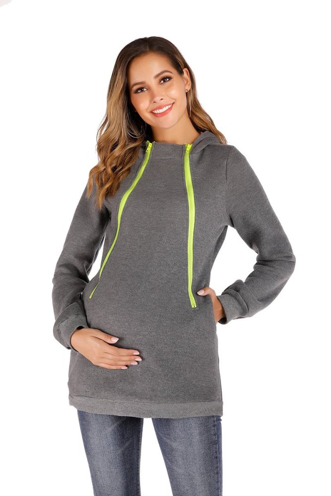 Maternity 2-in-1 Kangaroo Mother Zipper Hooded Casual Sweater Coat