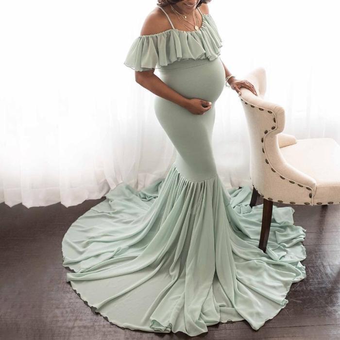 Maternity Blue Off Shoulder Floor-Length Summer Dress