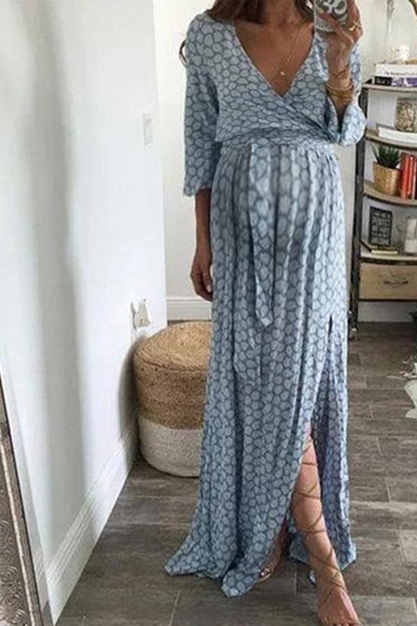 Maternity Casual V Neck Long Sleeve Check Dress
