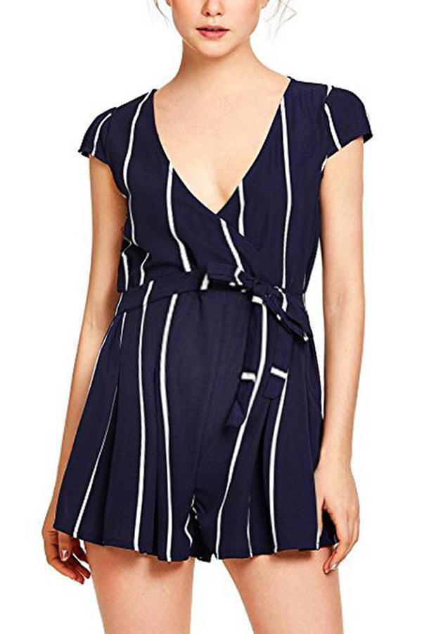 Maternity Casual Striped Short-Sleeved Belt Jumpsuit