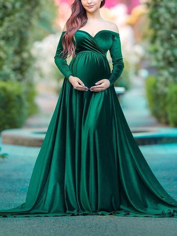 Maternity Elegant Solid Color Collar Long Sleeve Dress