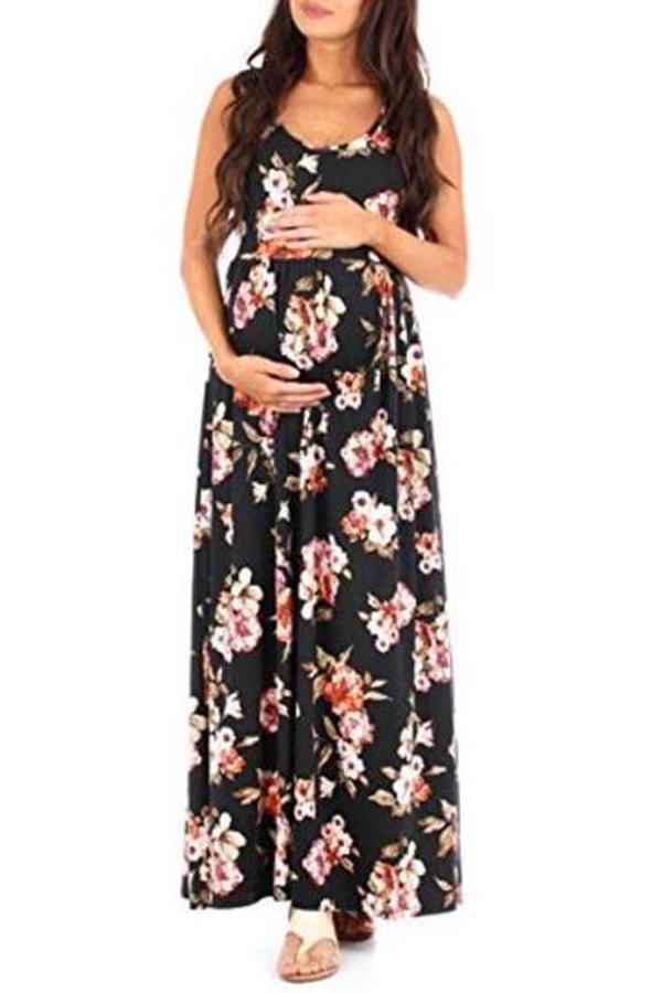 Maternity Sleeveless Flowers Print Ruched Maxi Dress