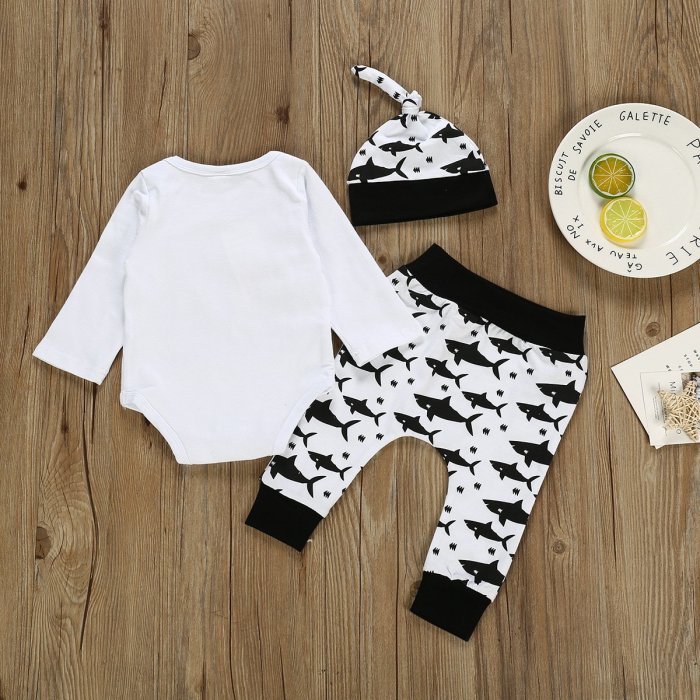 children's clothing hot shark print khaon and printed trousers three-piece set of spot