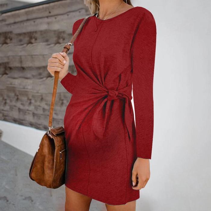 Maternity Fashion Round Neck Pure Colour Belted Dress