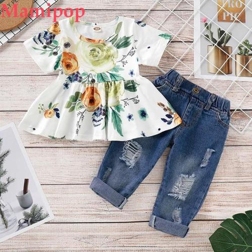 Baby Girl Floral Crop Tops Hole Denim Pants Jean Outfits Set