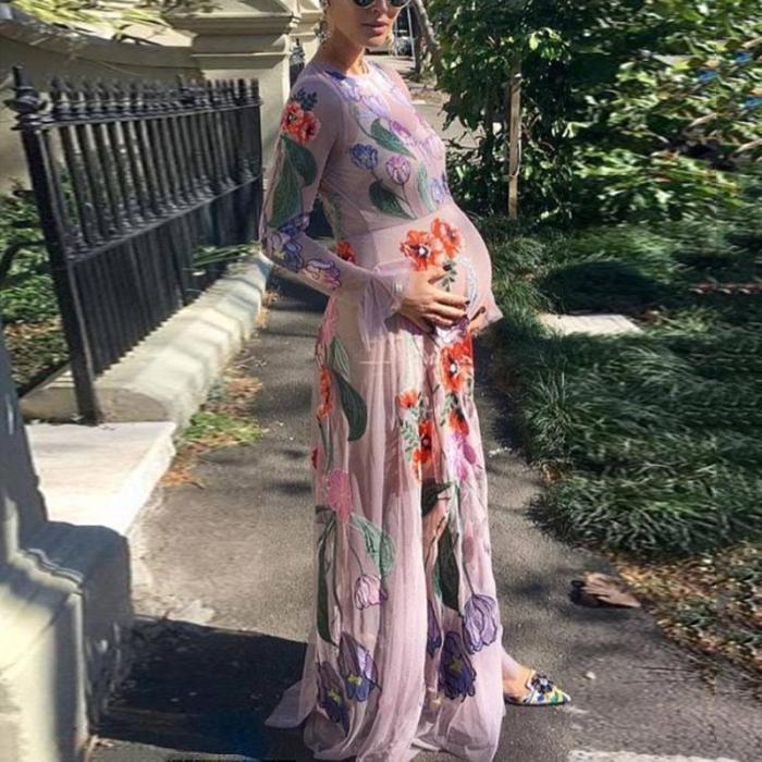 Maternity Casual Round Neck Floral Print Translucent Dress