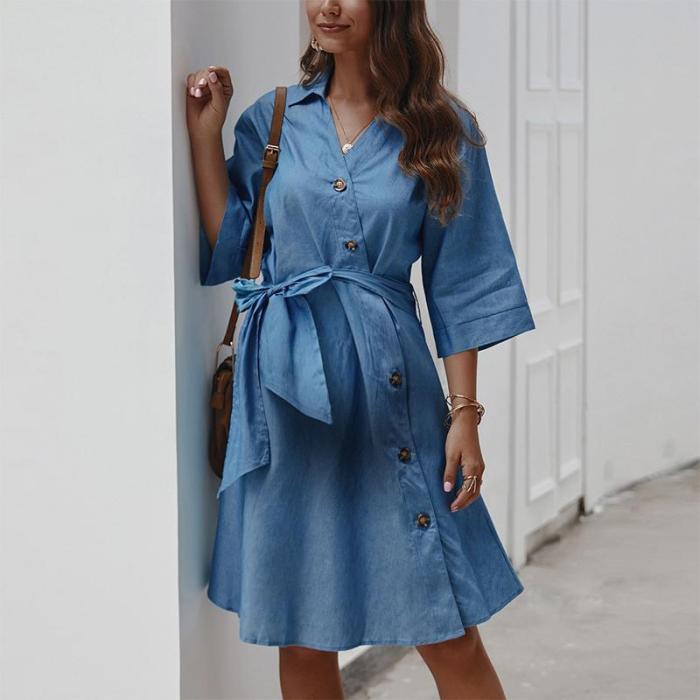 Maternity Casual Pure Color Halflong Sleeve Belted Single-Breasted Dress