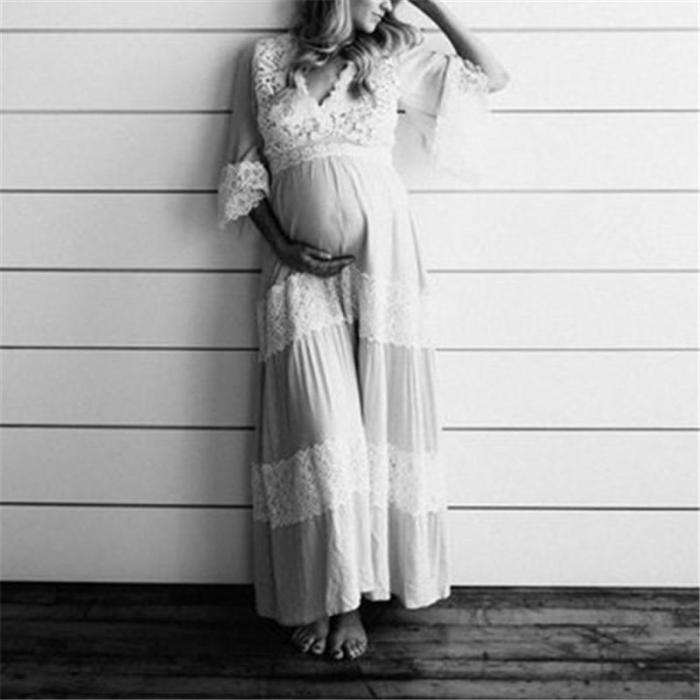 Maternity Fashion V-neck Lace Stitching Dress