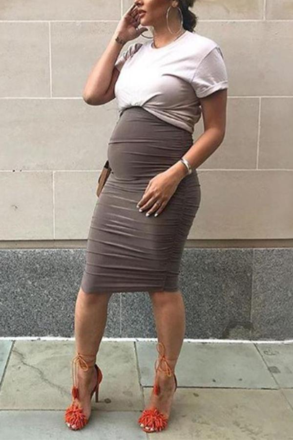 Maternity Solid Color Round Collar Midi Dress