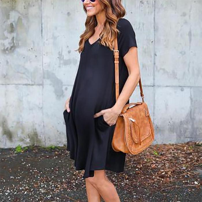 Maternity Casual Pure Color V Neck Short Sleeve Dress