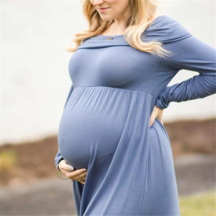 Casual One Word Collar Solid Color Long-sleeved Maternity Dress