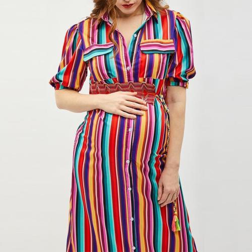 Maternity Button Down Collar  Stripes  Roll Up Sleeve  Half Sleeve Maxi Dresses