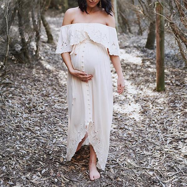 white lace off shoulder maternity dress