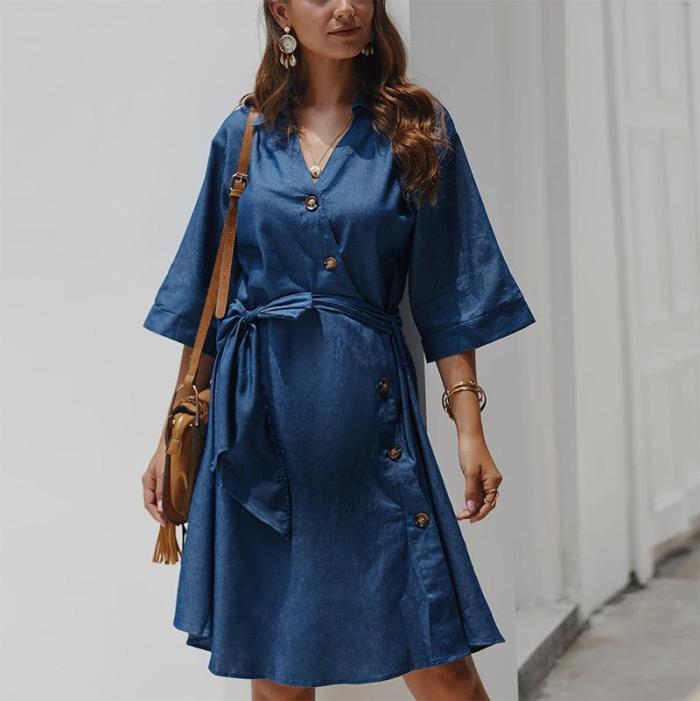 Maternity Casual Pure Color Halflong Sleeve Belted Single-Breasted Dress