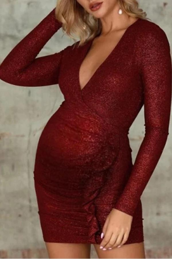 Maternity Sexy V-neck solid color long-sleeved slim dress
