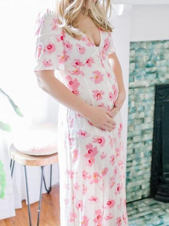 Maternity casual v-neck floral printed short-sleeved dress