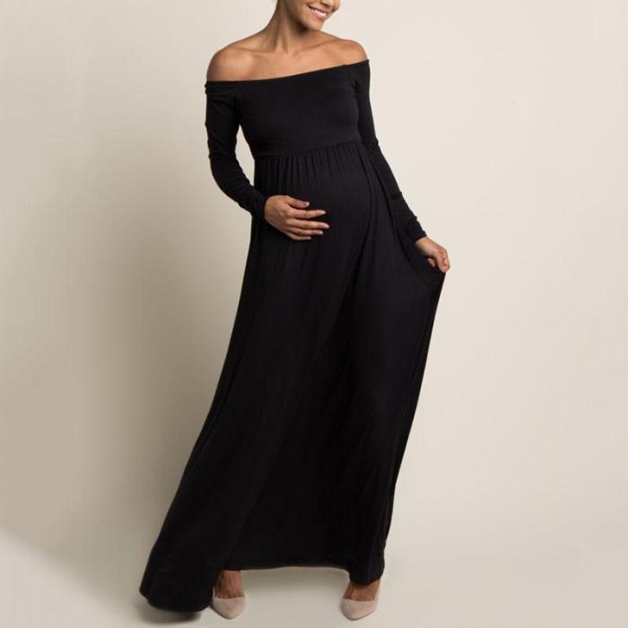 Maternity Elegant Boat Neck Pure Colour   Photoshoot Gowns Dress