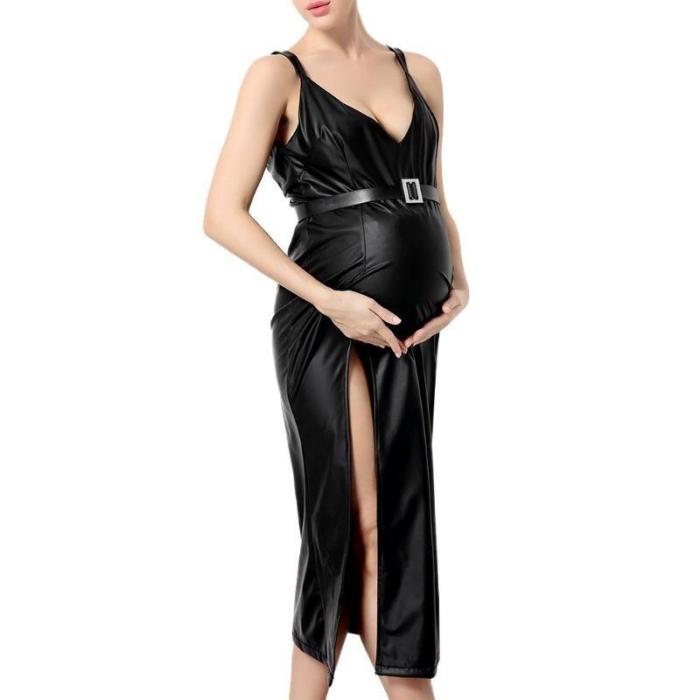 Sleeveless V-Neck Maternity Clothes High Elastic PU Leather Dress