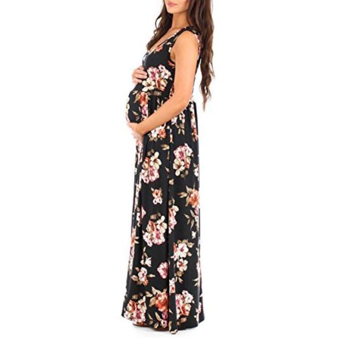Maternity Sleeveless Flowers Print Ruched Maxi Dress