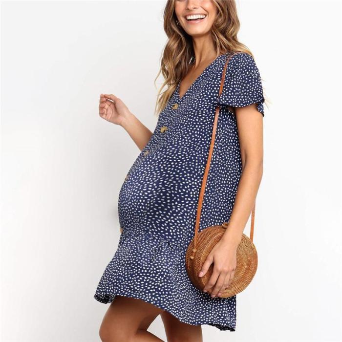 Maternity V-Neck Printed Button Ruffle Dress