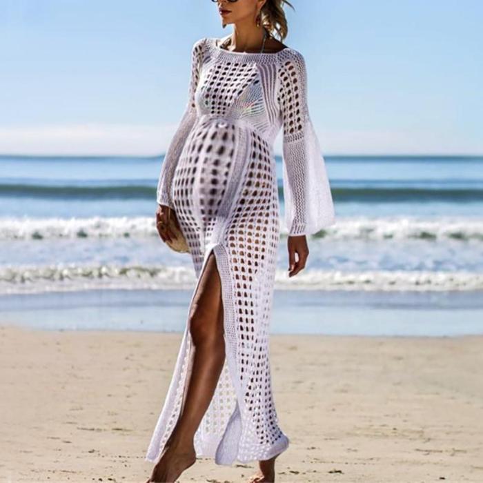 Maternity Sexy Hollow Out High Slit Long Sleeve Dress
