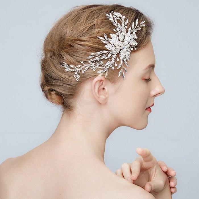 Silver Floral Wedding Hair Clip Crystal Bridal Hair Jewelry