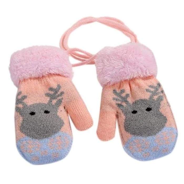 Children Winter Double Layer Gloves Cute Reindeer Printed Cuffed Wrist