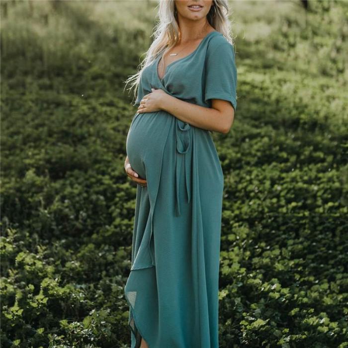 Maternity Fashion V Neck Short Sleeve Pure Colour Photoshoot Gowns Dress