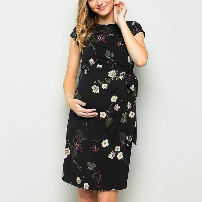 Maternity O-Neck Printing Tie Casual Dress