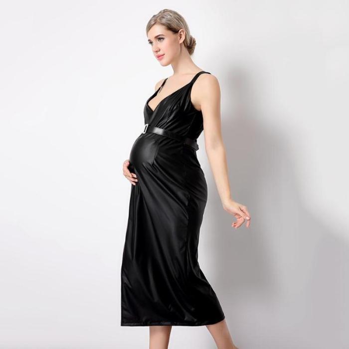 Sleeveless V-Neck Maternity Clothes High Elastic PU Leather Dress