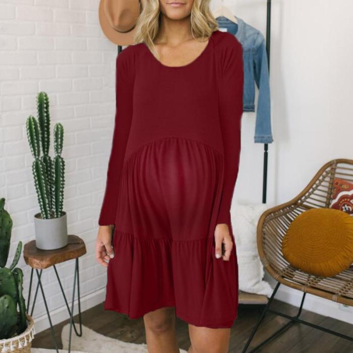 Maternity Cotton  Round Neck Long Sleeve Dress
