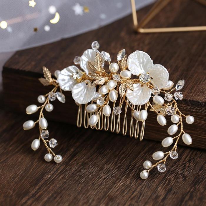 Gold Women Hair Jewelry Handmade Flower Crystal Pearl Photography Accessory