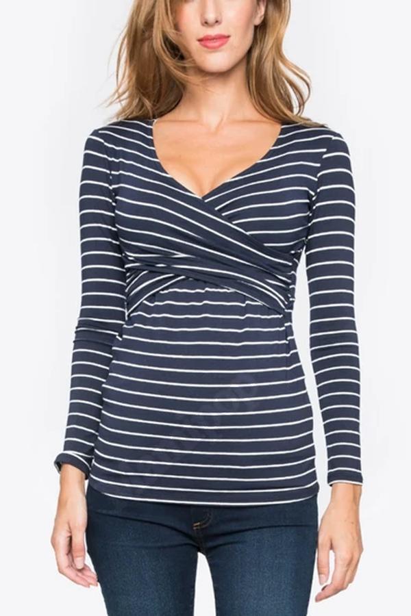 New V-neck Long Sleeve Striped Pregnant Woman's Baby Breast-Feeding T-shirt