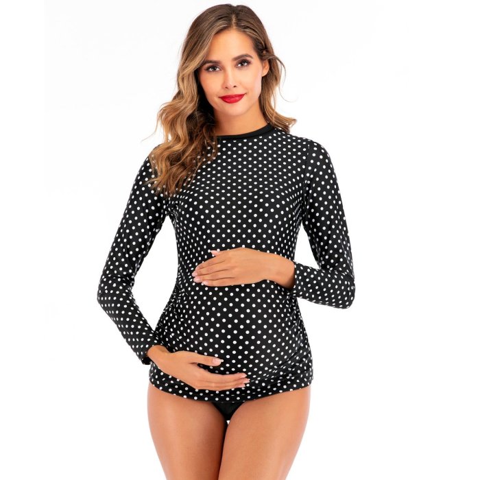 Pregnant Women's Swimsuit Sunscreen Long-sleeved Classic Polka Dot Two Sets