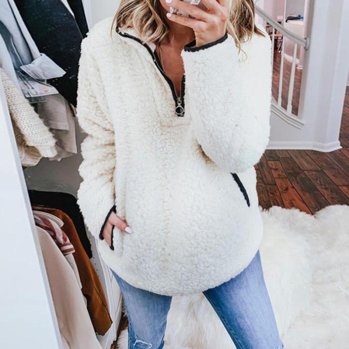 Maternity Zipper Pure Color Long Sleeve Sweater