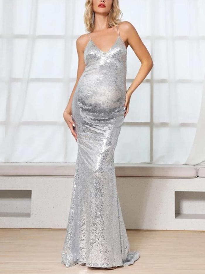 Maternity Sexy Sling Sequin Dress