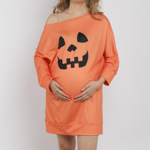 Maternity Off Shoulder Halloween Pumpkin Print Loose Mini Dress