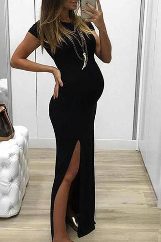 Maternity Solid  Side Slit Full Length Dress