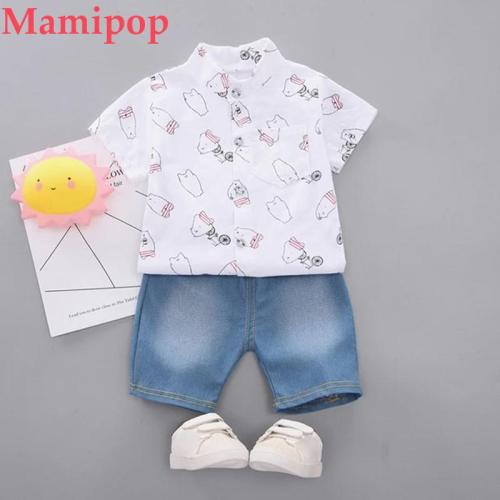 Baby Boy Short Sleeve Bear Pattern Shirt Tops Denim Pants Set