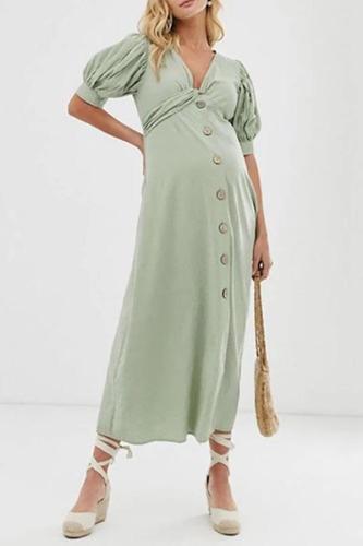 Maternity Casual Bishop Sleeve Single-Breasted Maxi Dress